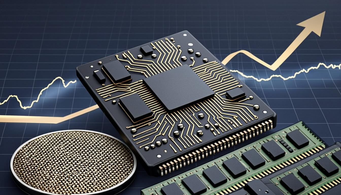 マイクロン決算と半導体メモリ - DRAMチップと株価チャートのイメージ